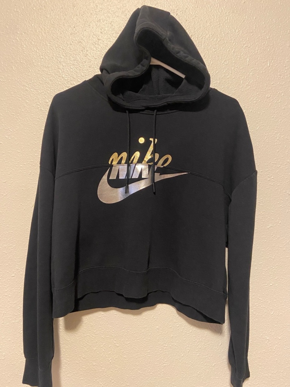 Nike Black Metallic Clash Logo Cropped Hoodie with Metallic Gold & Silver Swoosh